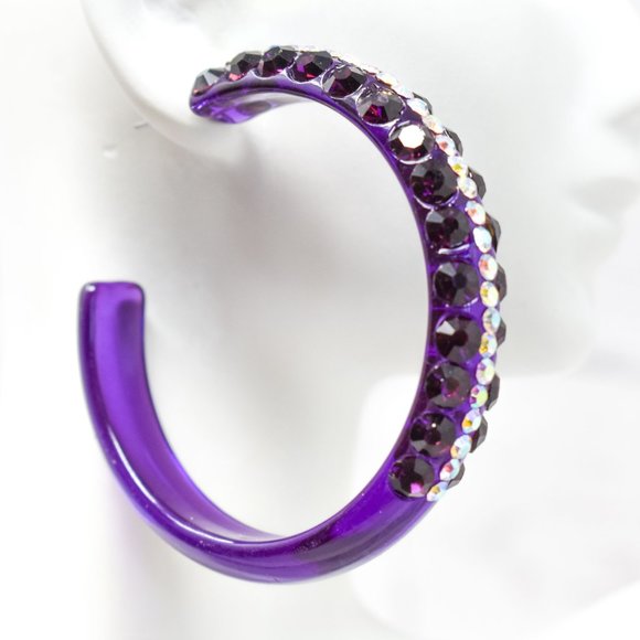 2.5" Clear Purple Lucite 5 Row Rhinestone Earrings - Picture 8 of 11
